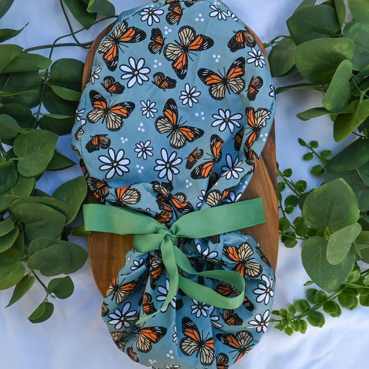 BLUE BUTTERFLIES SATIN LINED PONYTAIL SCRUB CAP