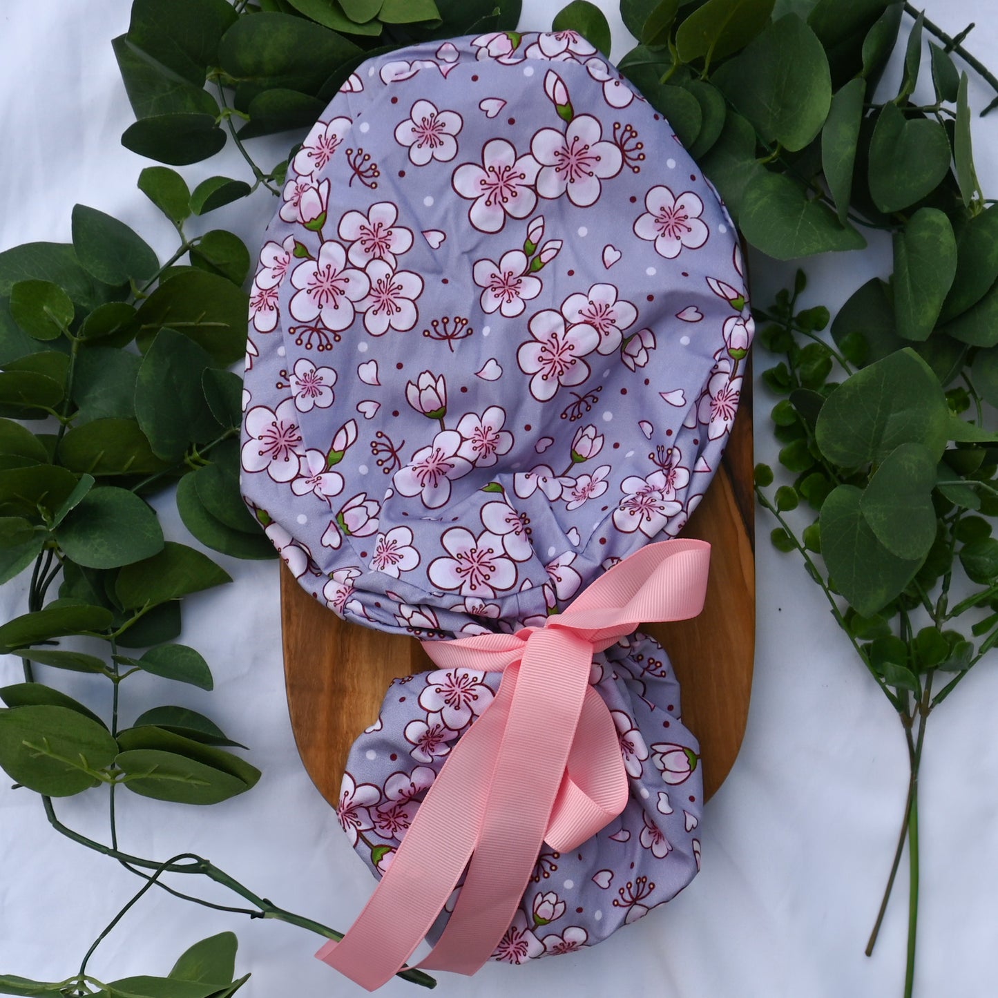 CHERRY BLOSSOM SATIN LINED PONYTAIL SCRUB CAP