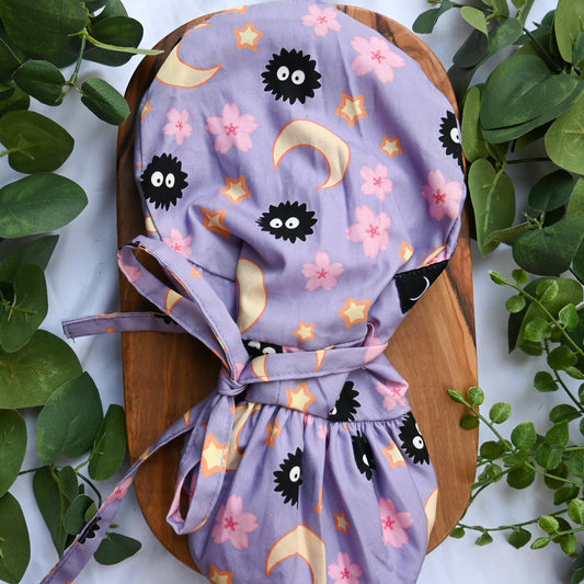 SOOT SPRITES PURPLE MOON AND STARS SATIN LINED PONYTAIL SCRUB CAP