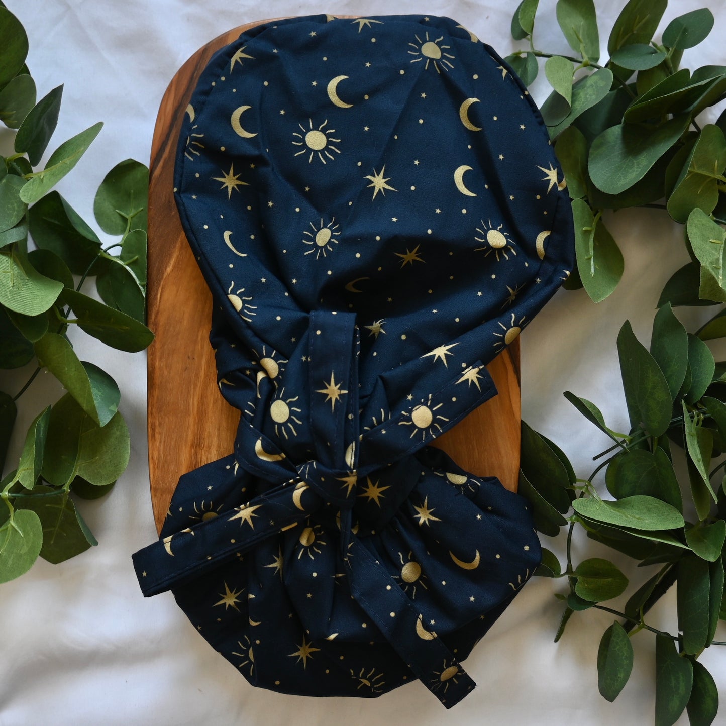 BLUE CELESTIAL SUN AND MOON SATIN LINED PONYTAIL SCRUB CAP