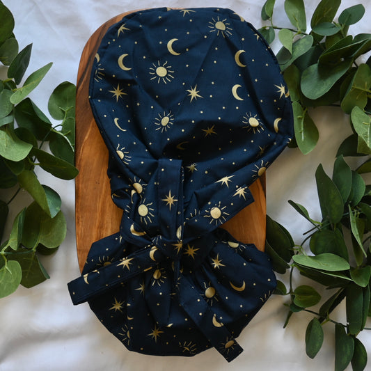 BLUE CELESTIAL SUN AND MOON SATIN LINED PONYTAIL SCRUB CAP