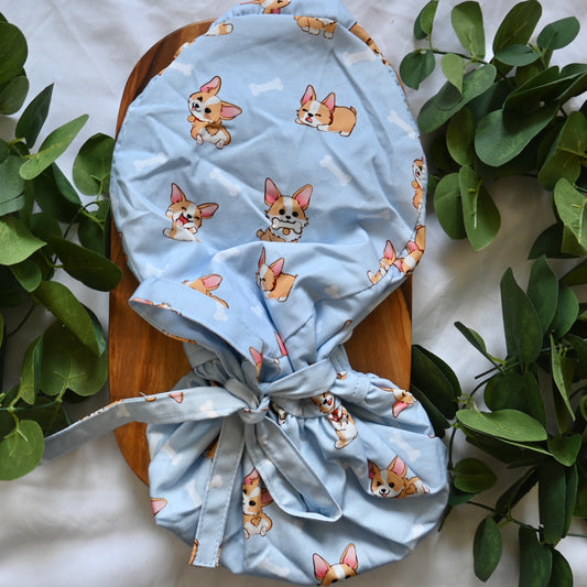 CORGI THEMED SATIN LINED PONYTAIL SCRUB CAP