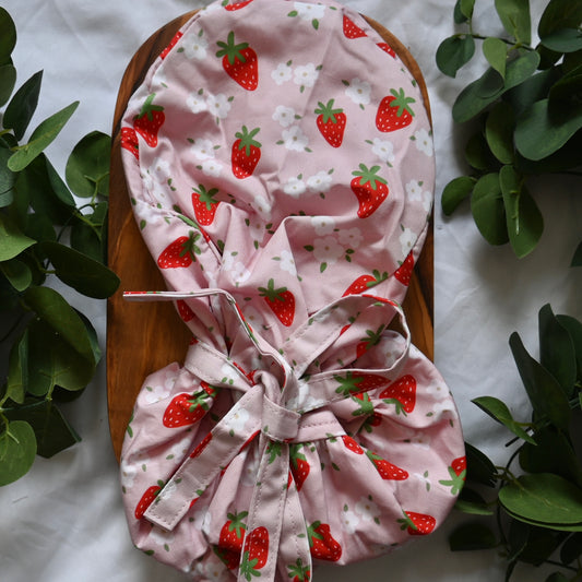 STRAWBERRY THEMED SATIN LINED PONYTAIL SCRUB CAP