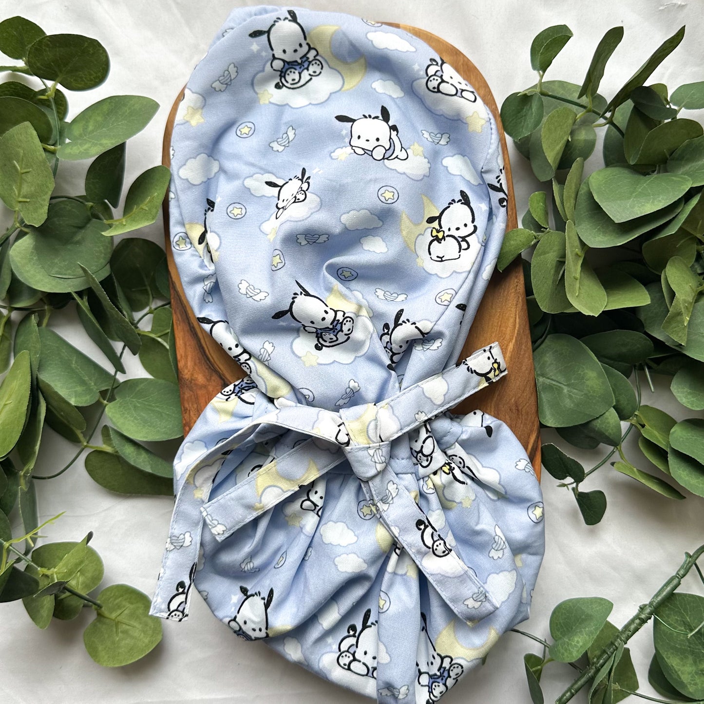 POCHACCO - BLUE CLOUDS AND STARS SATIN LINED PONYTAIL SCRUB CAP